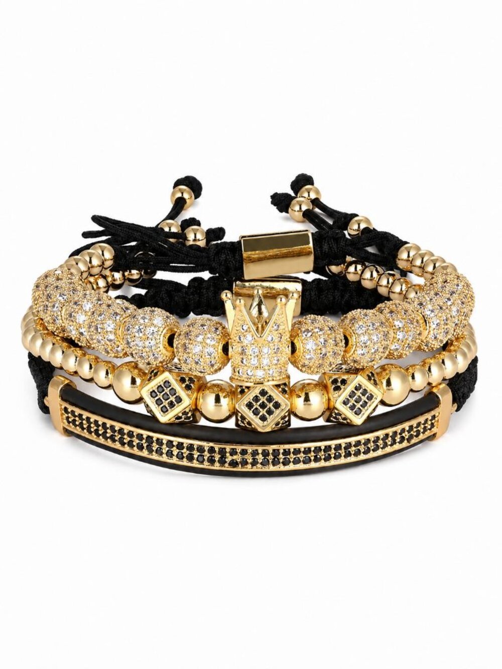 Men's 3 Pc Gold & Black Crown Bracelet Set Adjustable Pave Beaded Stack NWT